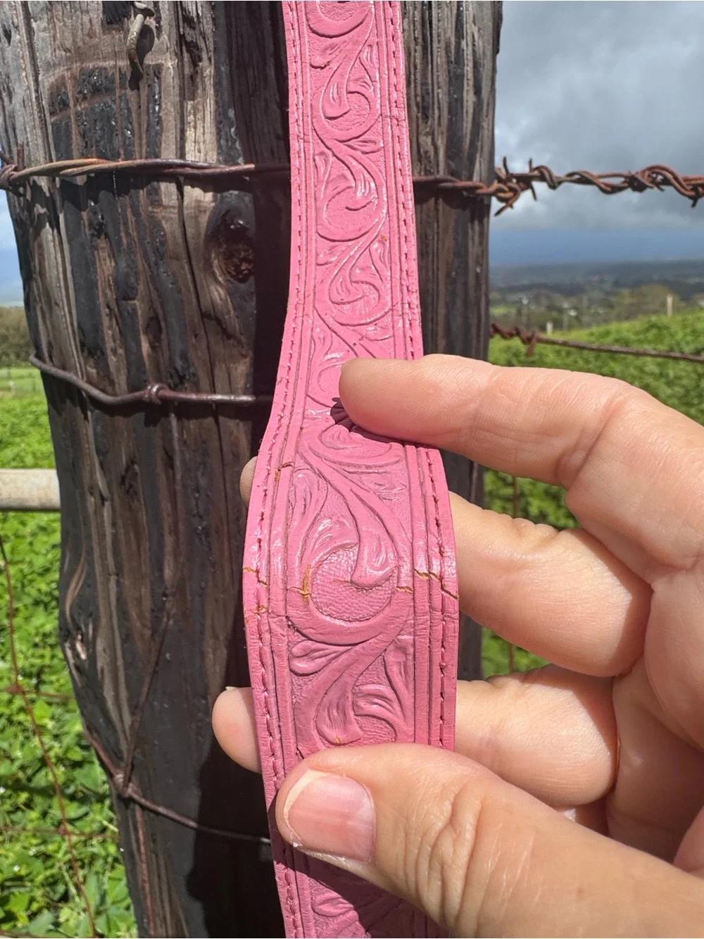 Justin Boots Western Pink Leather Tooled Belt Rhinestone Studded Heart Size 24